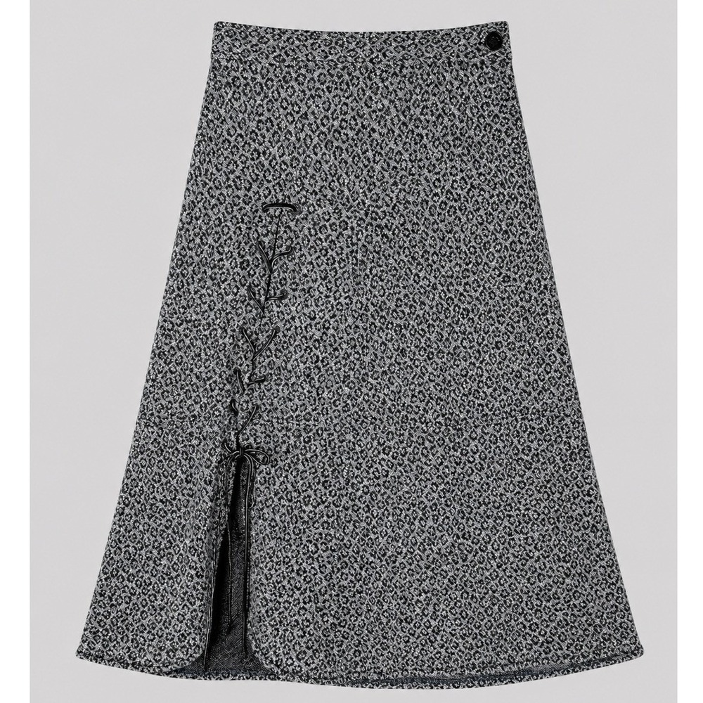 Vintage Y2K Grey Leopard Print Lace Up A-Line Midi Skirt with Front Slit Small